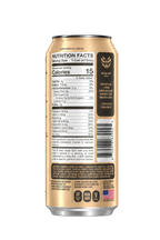 Mad Drop Drop.off Black Tea Peach Yuzu prebiotic wellness soda, back of can with nutrition facts and ingredient list