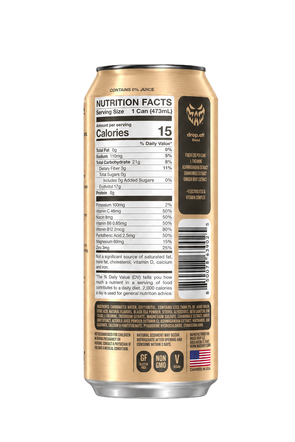 Mad Drop Drop.off Black Tea Peach Yuzu prebiotic wellness soda, back of can with nutrition facts and ingredient list
