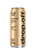 Mad Drop Drop.off Black Tea Peach Yuzu prebiotic wellness soda can, front view