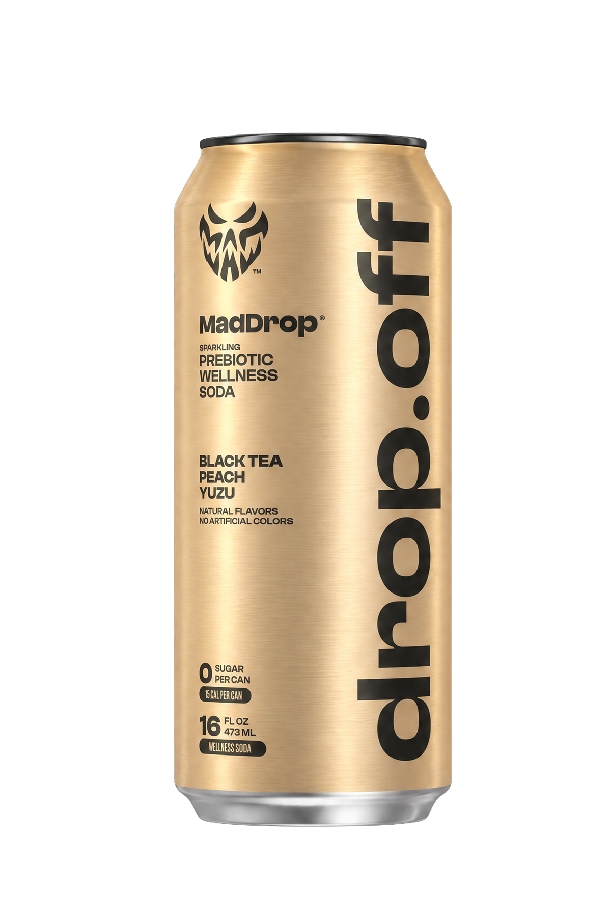 Mad Drop Drop.off Black Tea Peach Yuzu prebiotic wellness soda can, front view
