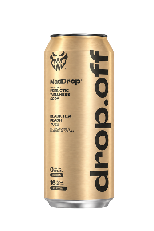 Mad Drop Drop.off Black Tea Peach Yuzu prebiotic wellness soda can, front view