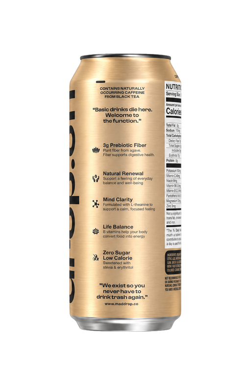 Mad Drop Drop.off Black Tea Peach Yuzu prebiotic wellness soda can, side view