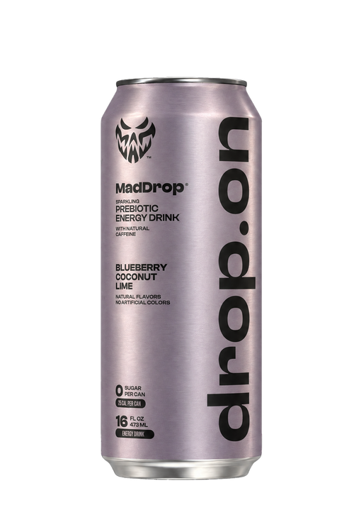 Mad Drop Drop.on Blueberry Coconut Lime prebiotic energy drink can, front view