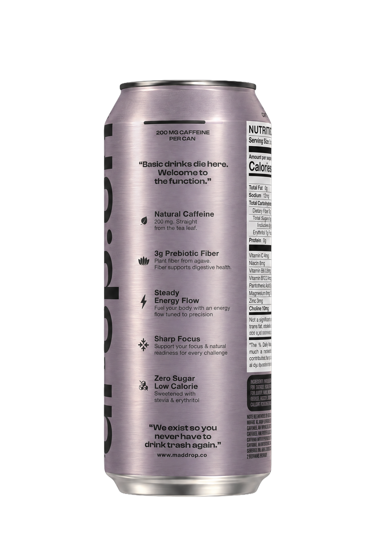 Mad Drop Drop.on Blueberry Coconut Lime prebiotic energy drink can, side view