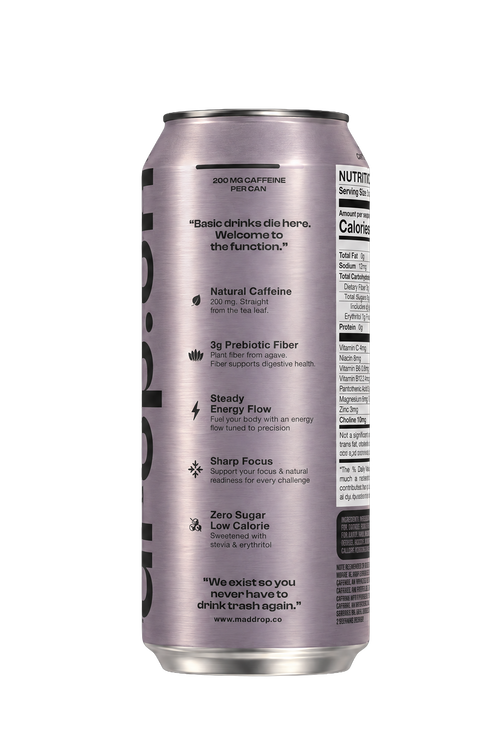 Mad Drop Drop.on Blueberry Coconut Lime prebiotic energy drink can, side view