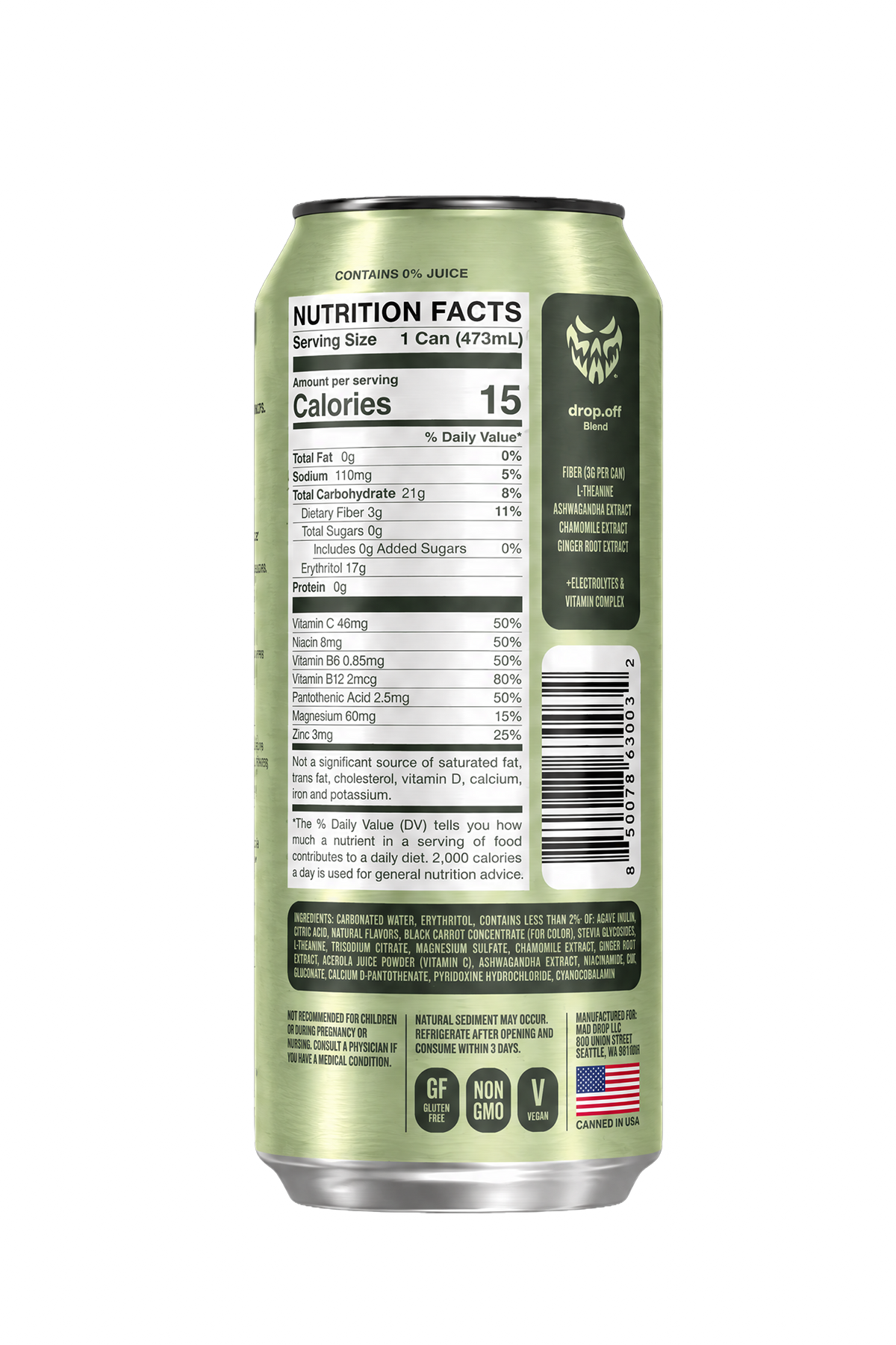 Mad Drop Drop.off Kiwi Red Grape Lime prebiotic wellness soda, back of can with nutrition facts and ingredient list