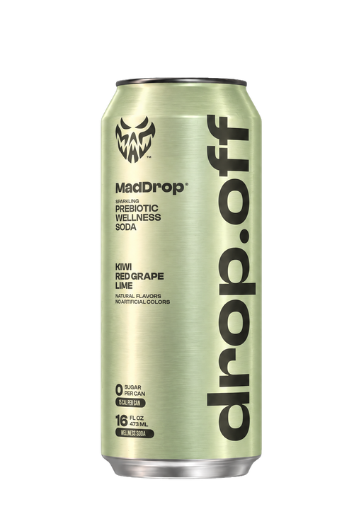 Mad Drop Drop.off Kiwi Red Grape Lime prebiotic wellness soda can, front view
