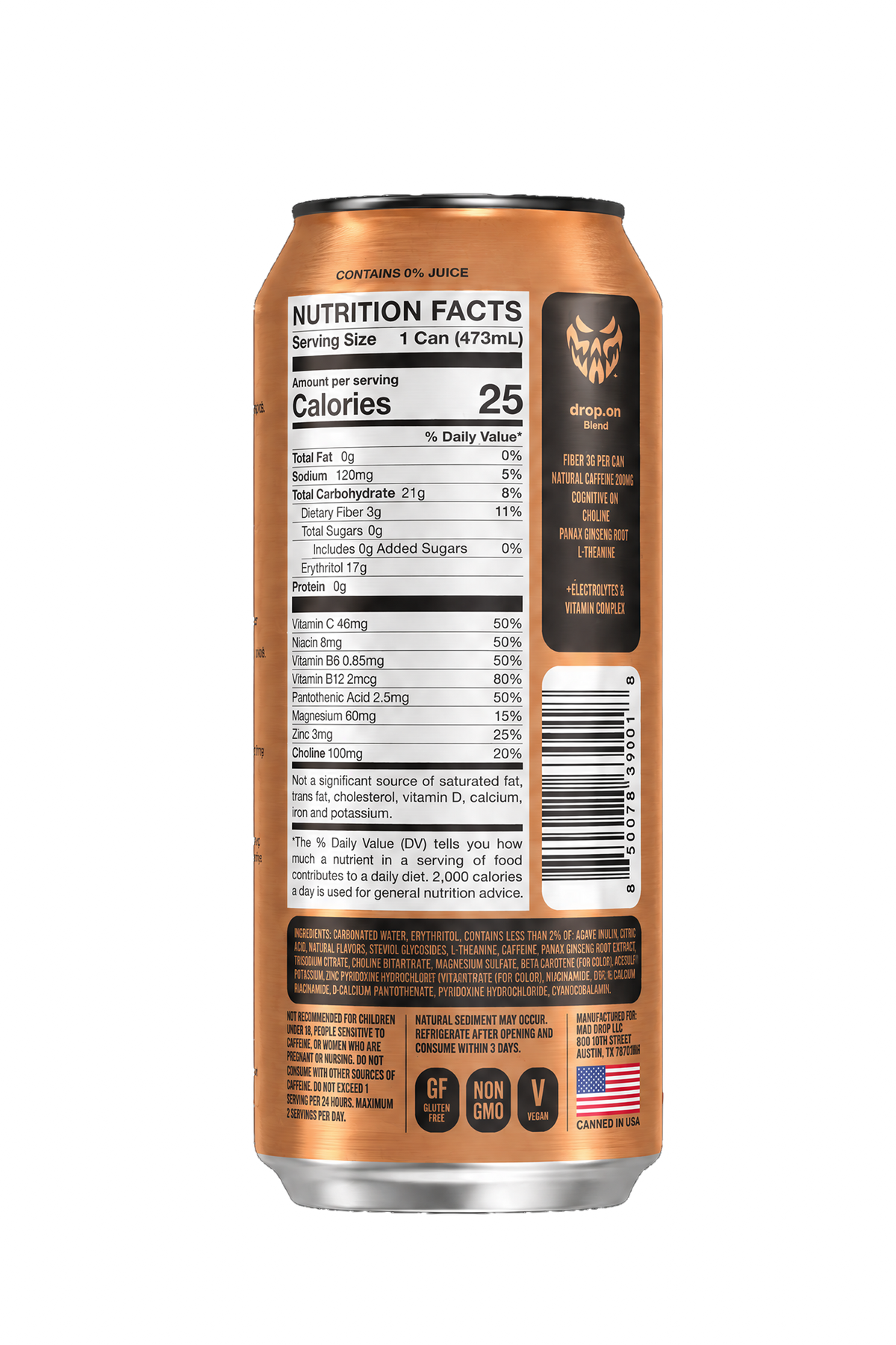 Mad Drop Drop.on Mango Mandarin Lime prebiotic energy drink, back of can with nutrition facts and ingredient list