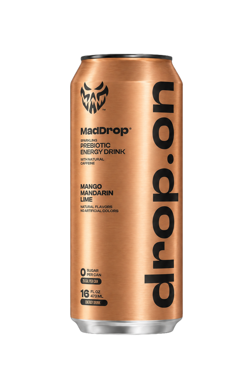 Mad Drop Drop.on Mango Mandarin Lime prebiotic energy drink can, front view